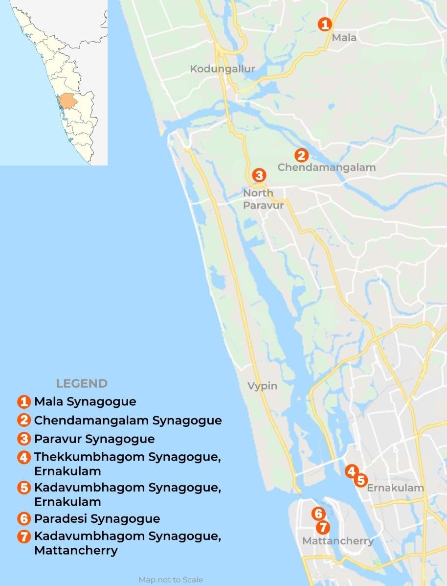 Map showing the location of the seven Cochin Jewish synagogues; (inset) Map showing Ernakulam district in Kerala