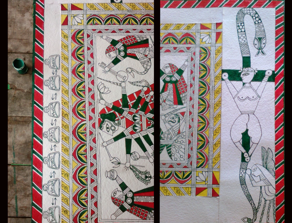 Fig. 1: Process of making a Manjusha painting: first outline and borders and drawn (with or without the help of drawing instruments) and then colours are filled in. (Courtesy: Soma Roy)