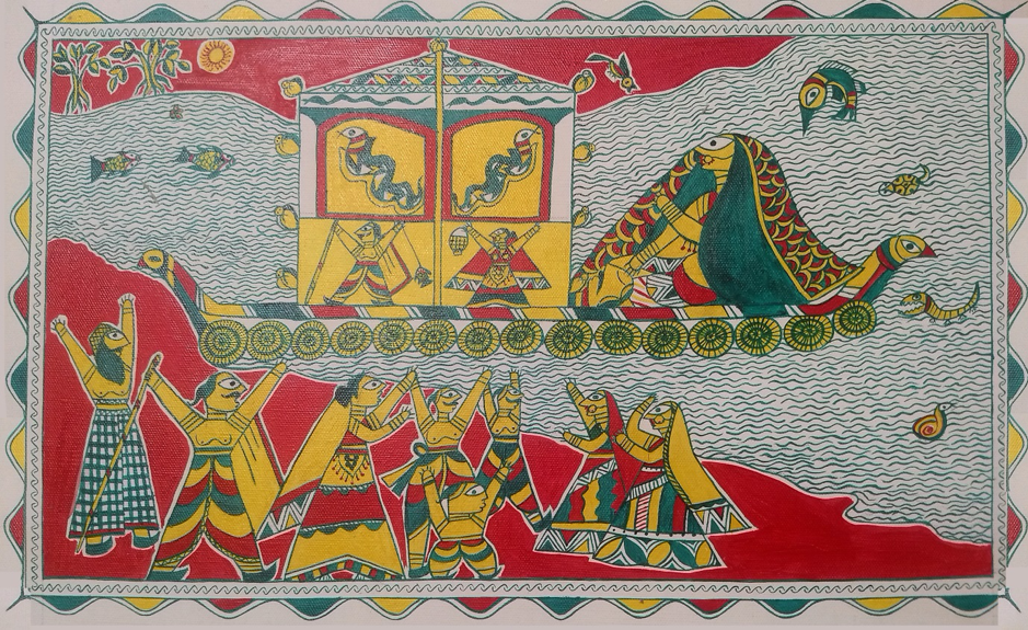 Fig. 2: Portrayal of Bihula taking the body of Bala Lakhendra on a boat, covered with manjusha (Courtesy: Bihar Museum, Painting by Ulupi Kumari)