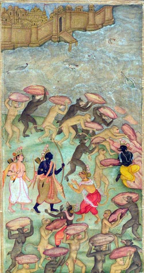 Nala and army of monkeys helping Rama build a bridge