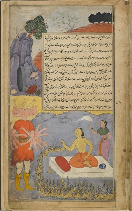 Ravana converses with Mahajambunada, who is surrounded by a ring of fire and attended by Laksmi