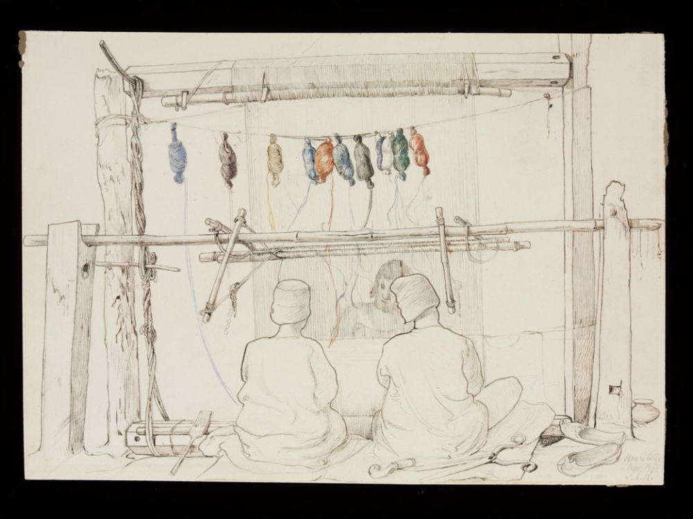 Three men from Amritsar jail working at a carpet loom, Lockwood Kipling, 1870, Courtesy: Victoria and Albert Museum