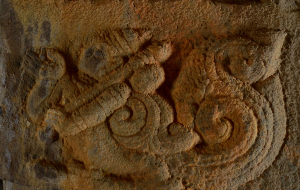 Sculpture from the Jain temple at Puthangadi. This hybrid half human–half bird image represents a kinnara or celestial musician in Indian mythology. Photo courtesy: Rajesh Karthy