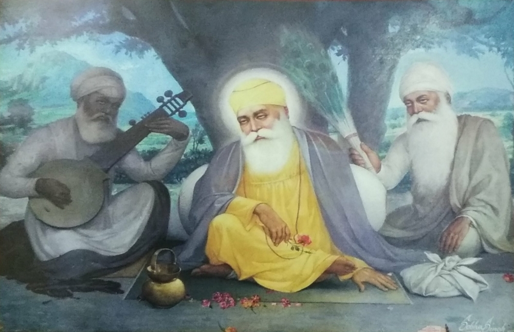 Fig. 1: Sobha Singh, Portraiture of Guru Nanak Dev, Bhai Bala and Bhai Mardana, 1969, oil on canvas, 3 x 4 feet. Central Sikh Museum at Shri Harmandir Shahib, Amritsar, Punjab, India (Courtesy: Sayan Gupta)