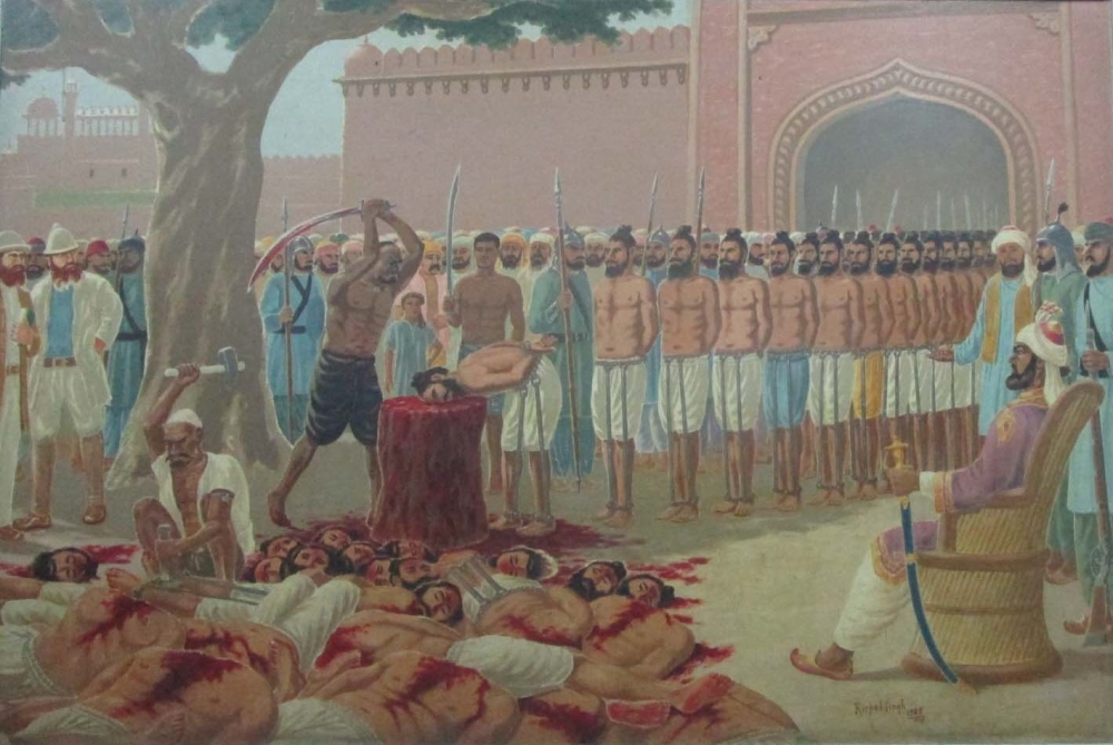 Fig. 15: Kirpal Singh, Nikka Ghallughara or Small Genocide 1, 1984, oil on canvas, 2 x 1.5 feet. Bhai Mati Das Museum, Chandni Chowk, Delhi, India (Courtesy: Sayan Gupta)