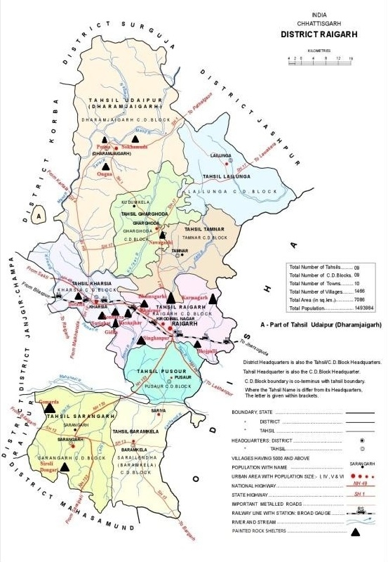 रायगढ़ जिले के मानचित्र में चित्रित शैलाश्रय स्थल