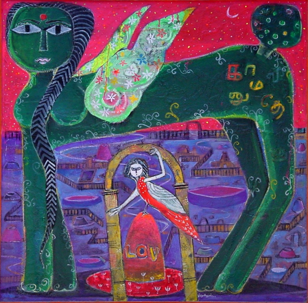 kamadhenu cow, Green Kamadhenu by K.Muraldharan 2010 acrylic on canvas 