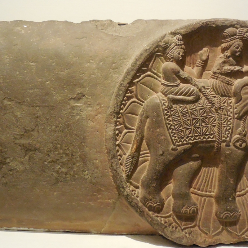 King on an elephant, Railing crossbar from a stupa. Mathura, Uttar Pradesh. Shunga Dynasty, 2nd century BC. National Museum Collection, Bharut Stupa Gallery, National Museum, New Delhi, India