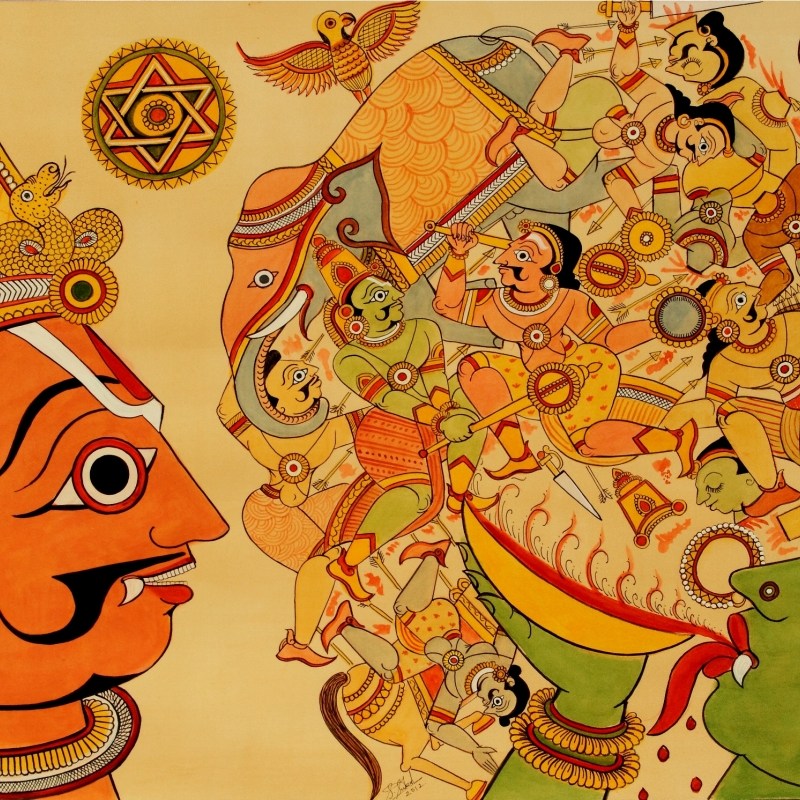 Aravan's Vision of the Mahabharata War, by S. SureshFrom the exhibition, 'Inner Flow: Chithrakathi Paintings on Bharatha-k-koothu' (Lalit Kala Akademi, Chennai, September 10–12, 2012).