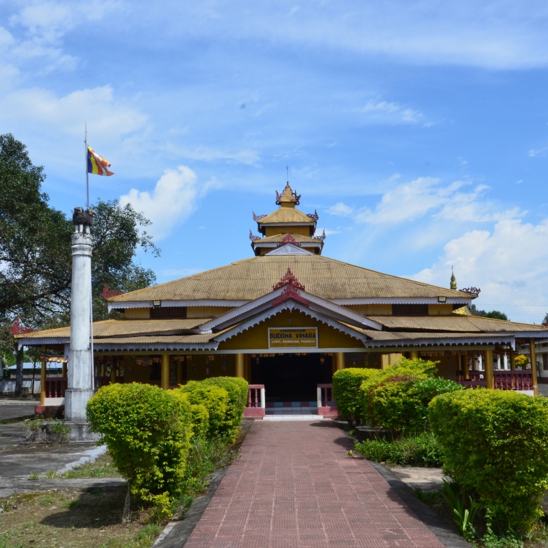 A concrete prayer hall in Chongkham Buddha Vihar, Chongkham, Namsai, Arunachal Pradesh, inaugurated on January 21, 1968, by Vishnu Sahay, then governor of Assam and Nagaland. Chongkham is an old settlement that dates to the eighteenth century; it is where the Tai-Khamptis, one of the major Theravada Buddhist communities of Arunachal Pradesh reside. Although there is no written record, according to oral narratives, this monastery was built when the village was established.