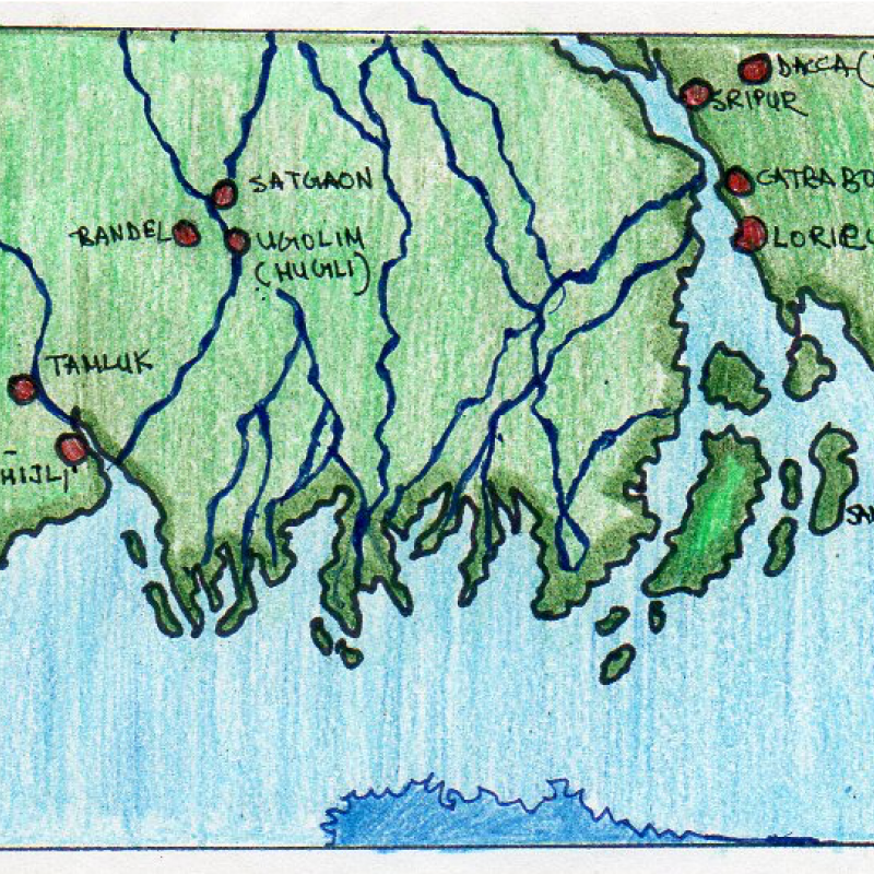 Hand-drawn map of Portuguese settlements on the Bengal delta (Courtesy: Deepashree Dutta)