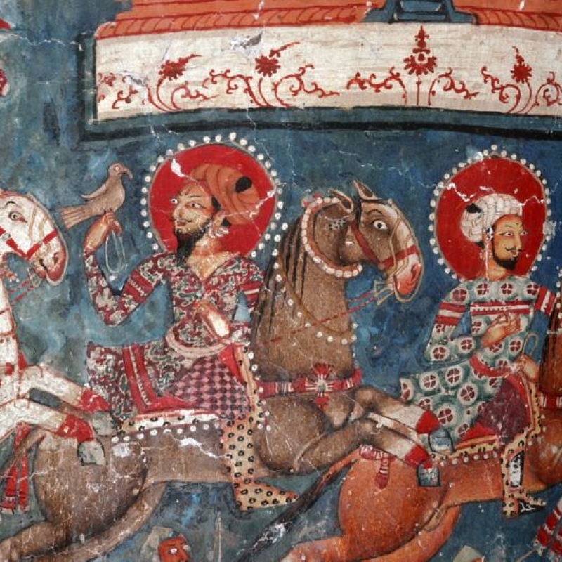 A miniature detail of the Alchi murals depicting a hunting party, Alchi Sumstek (photo by Jaroslav Poncar, courtsey WHAV)