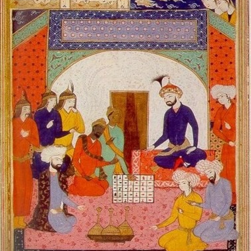Indian ambassadors presenting chaturanga to Khusrow I, as depicted in the ‘Treatise on Chess’, fourteenth-century Persian manuscript (Courtesy: Wikimedia Commons)