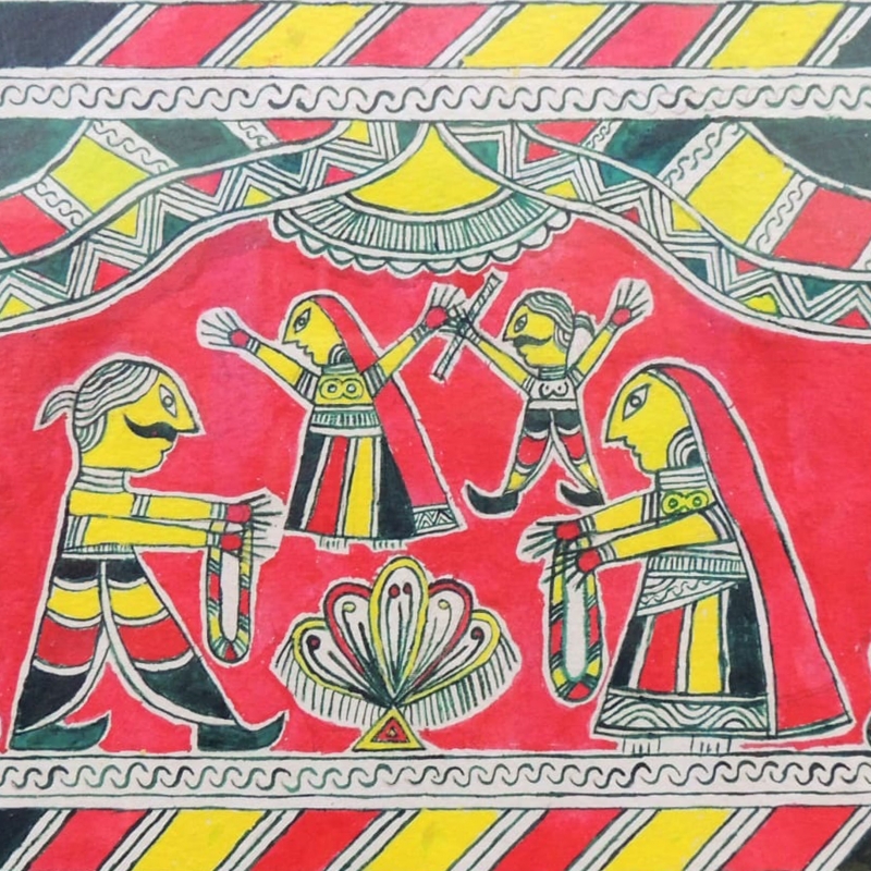 Portrayal of wedding of Bihula and Bala Lakhendra. This painting is in a raw form as it has been drawn freehand and no drawing instruments have been used. (Courtesy: Soma Roy)