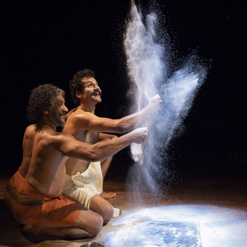 A still from Bali, a 2018 production, directed by Nimmy Raphel. Vinay Kumar as Bali and Rijul Ray as Sugriva (Courtesy: Adishakti Theatre Archives)