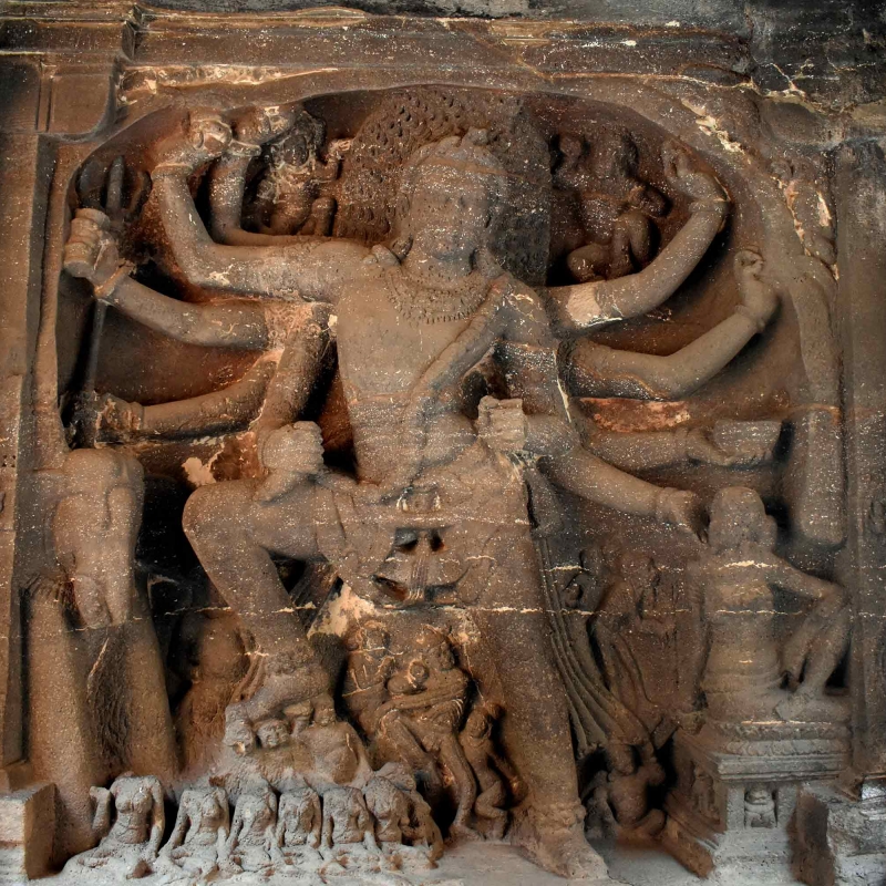 The eastern face of the lower storey of the nandimandapa has a carving of Shiva as Gajantaka, the destroyer of the demon Gajasura. The majestic 10-armed Shiva is shown standing with his one foot placed on Apasmarapurusha (a figure that represents ignorance). On his left is Gajasura in the form of an elephant. Shiva holds the tusk of Gajasura with his lower right hand and his two other right hands carry trishula and damaru (Courtesy: Nikita Rathore)
