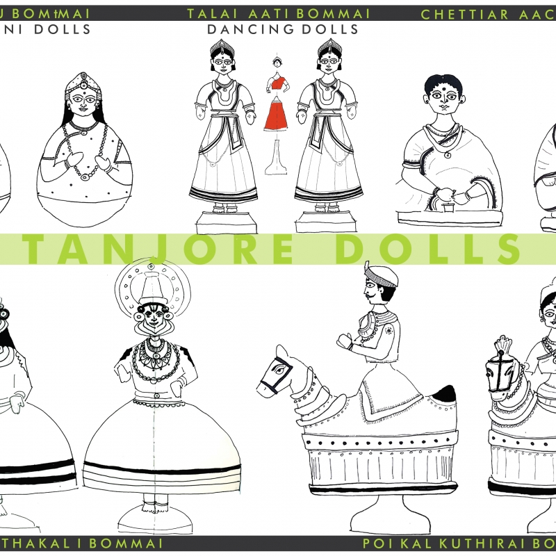 A collage depicting various kinds of golu dolls