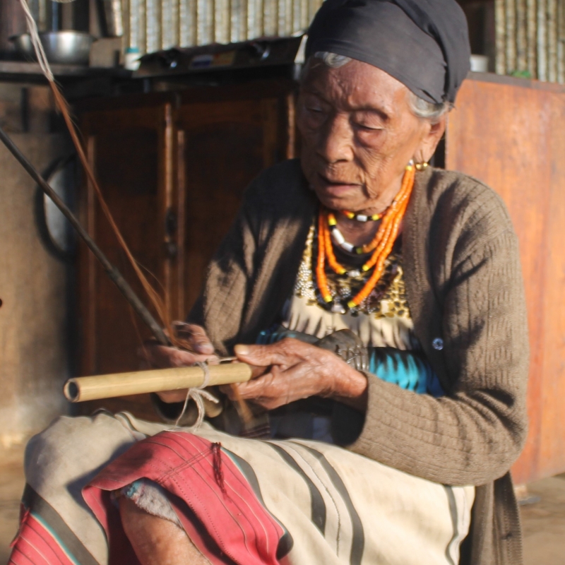 A Ruangmei elder in Rianglong village, Tamenglong, with her nrah (violin/harp). She is 99 years old, which makes her one of the oldest person in her village. Traditionally, women did not learn to play nrah; even though it was not restricted, it was seen as a role not fit for a woman (Courtesy: Guikhiatlu Pamei)