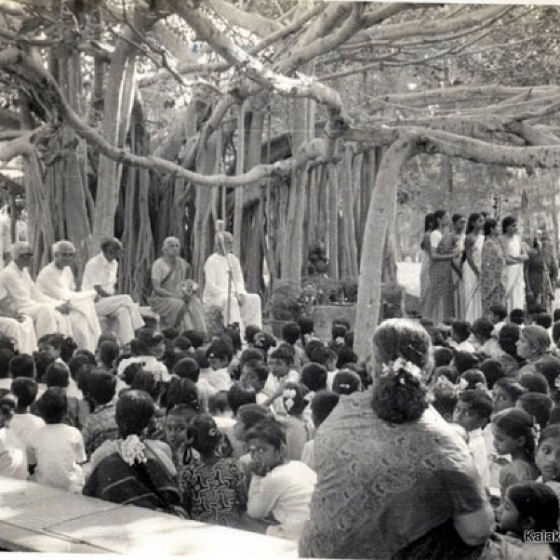 Rukmini Devi Arundale, Kalakshetra Foundation's founder, conducting an assembly under the famous Banyan tree in its campus in Chennai.